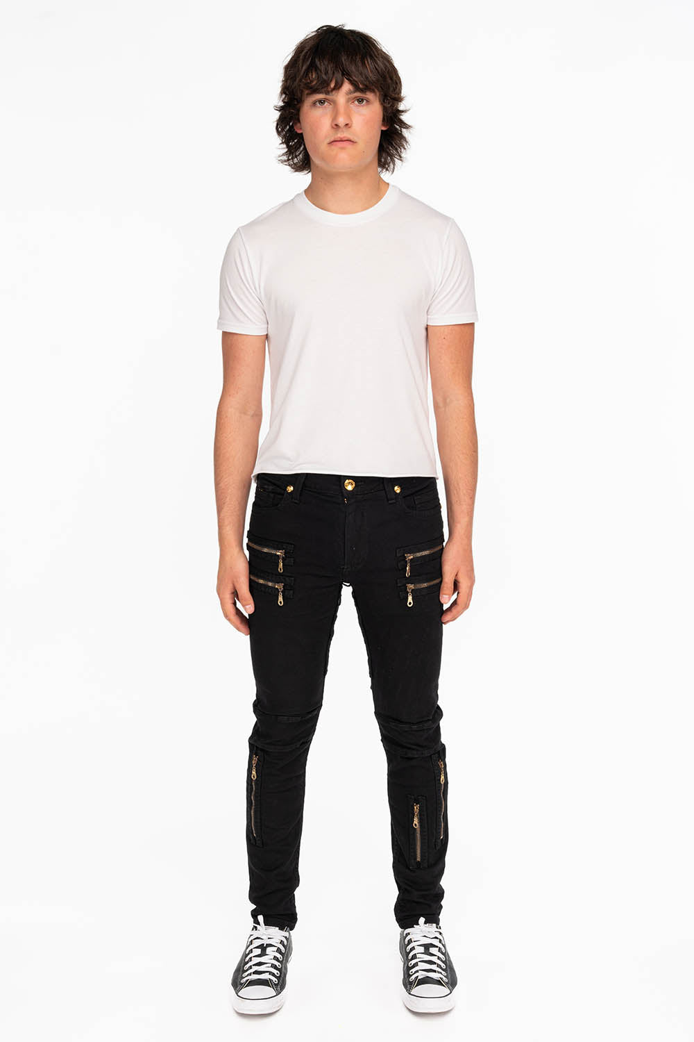 MENS NEW BIKER SKINNY JEANS IN PURE BLACK WITH WINGS - Image 4