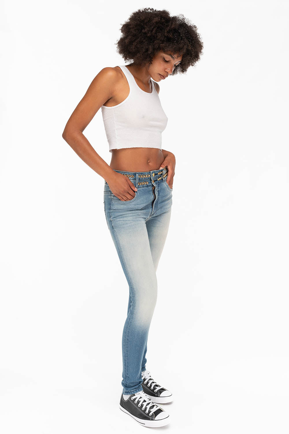 ROBIN'S DOUBLE WAIST SKINNY IN ANTIQUE LIGHT BLUE WITH CRYSTALS AND SPIKES - Image 5