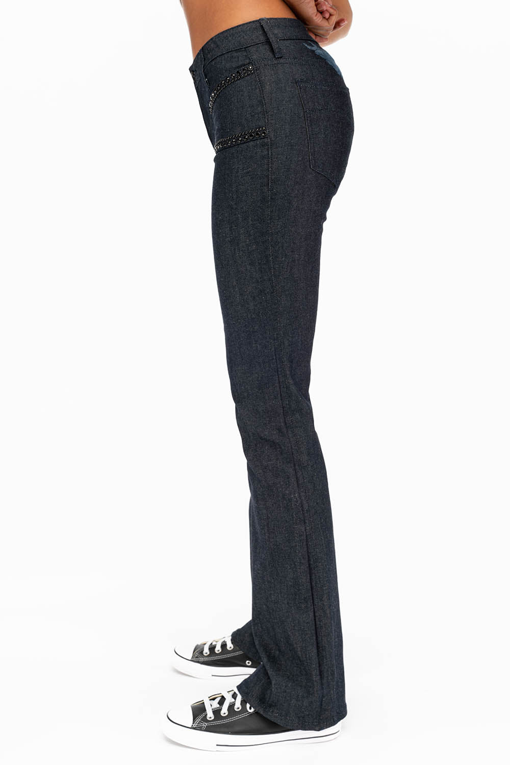 WOMENS SIDE SEAM FRONT POCKETS BOOT LEG JEANS WITH JET BLACK CRYSTALS IN RAW - Image 3