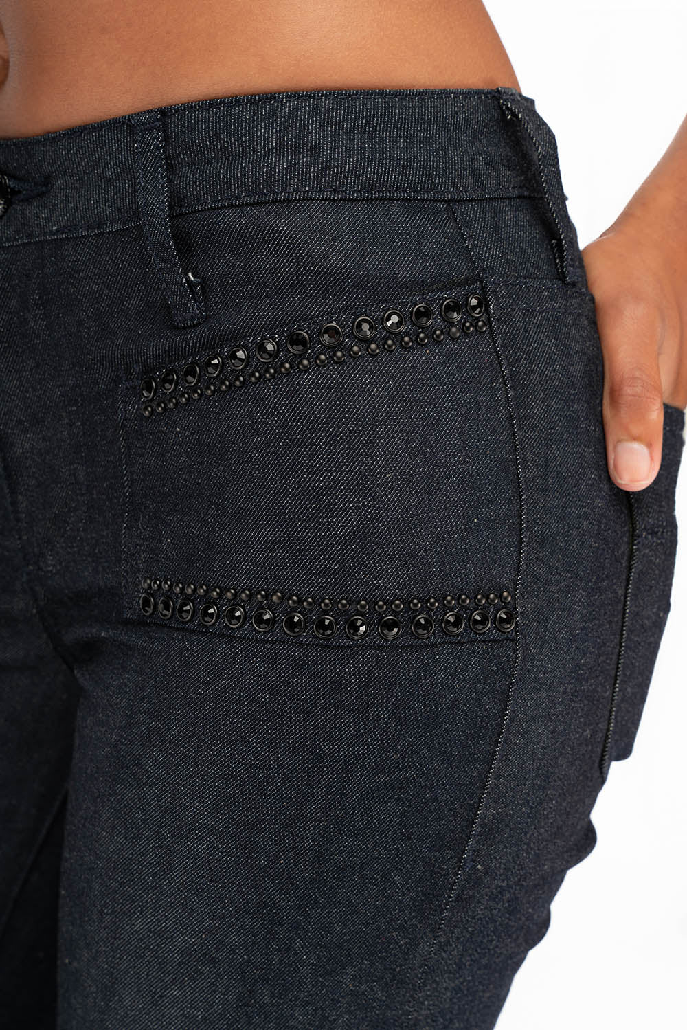WOMENS SIDE SEAM FRONT POCKETS BOOT LEG JEANS WITH JET BLACK CRYSTALS IN RAW - Image 5
