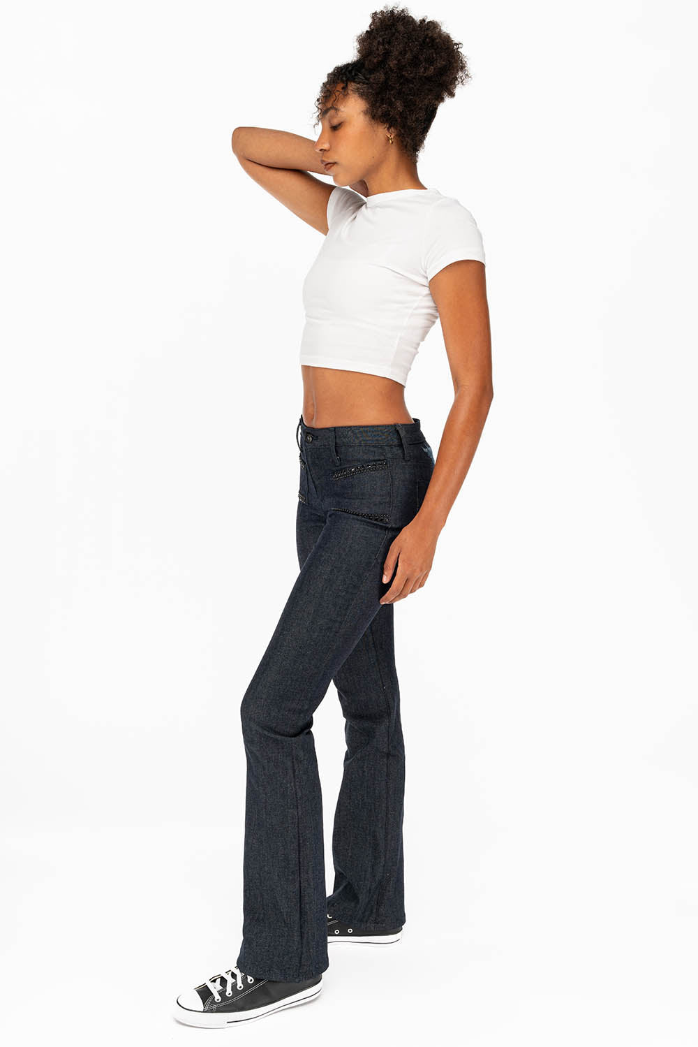 WOMENS SIDE SEAM FRONT POCKETS BOOT LEG JEANS WITH JET BLACK CRYSTALS IN RAW - Image 8