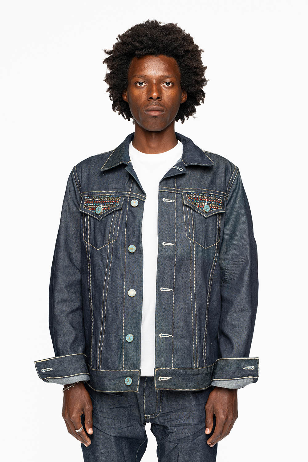 MEN’S DENIM RAW JEAN JACKET WITH MULTI COLOR CRYSTALS - Image 3