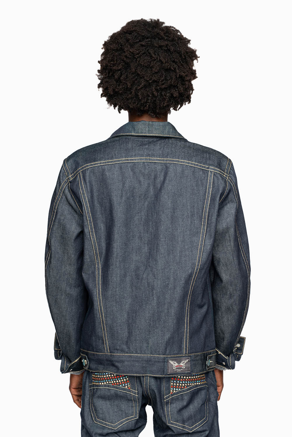 MEN’S DENIM RAW JEAN JACKET WITH MULTI COLOR CRYSTALS - Image 5