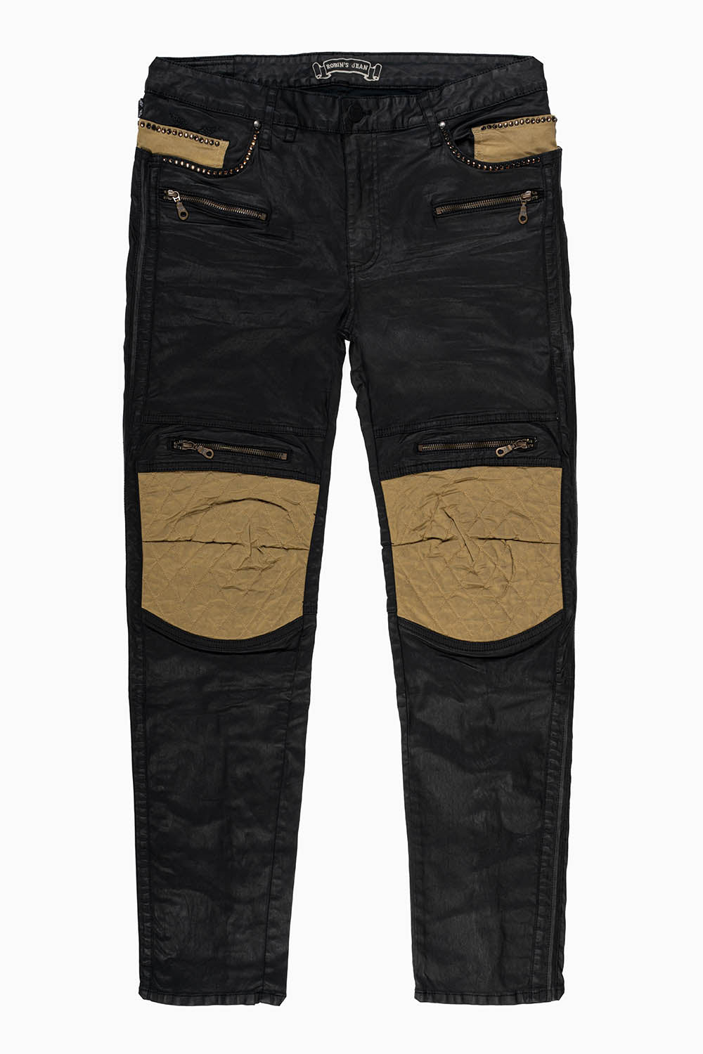 MENS BIKER JEANS IN DY FABRIC IN BLACK WASH WITH CAMEL INSERTS KNEE EMBELLISHED WITH CRYSTALS