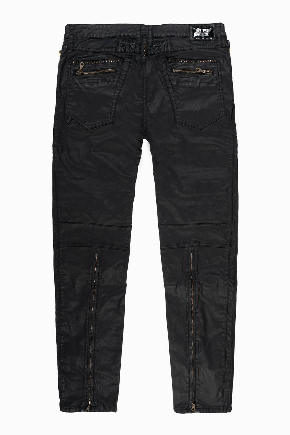 MENS BIKER JEANS IN DY FABRIC IN BLACK WASH WITH CAMEL INSERTS KNEE EMBELLISHED WITH CRYSTALS - Image 2