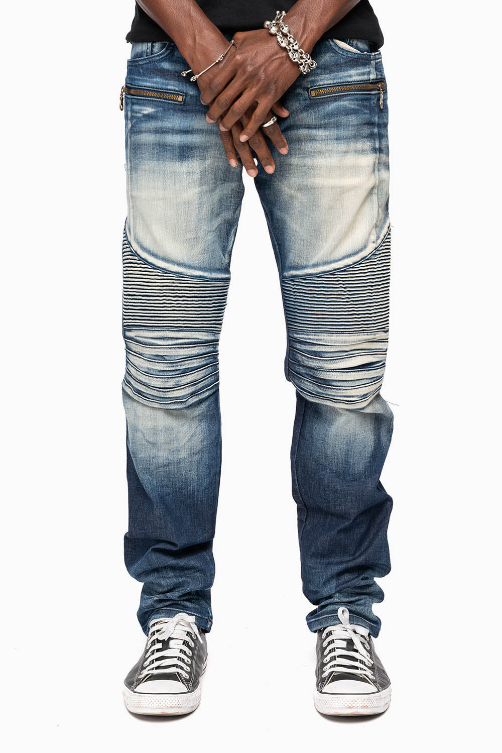 MENS BIKER JEANS IN LEYTON DARK WASH