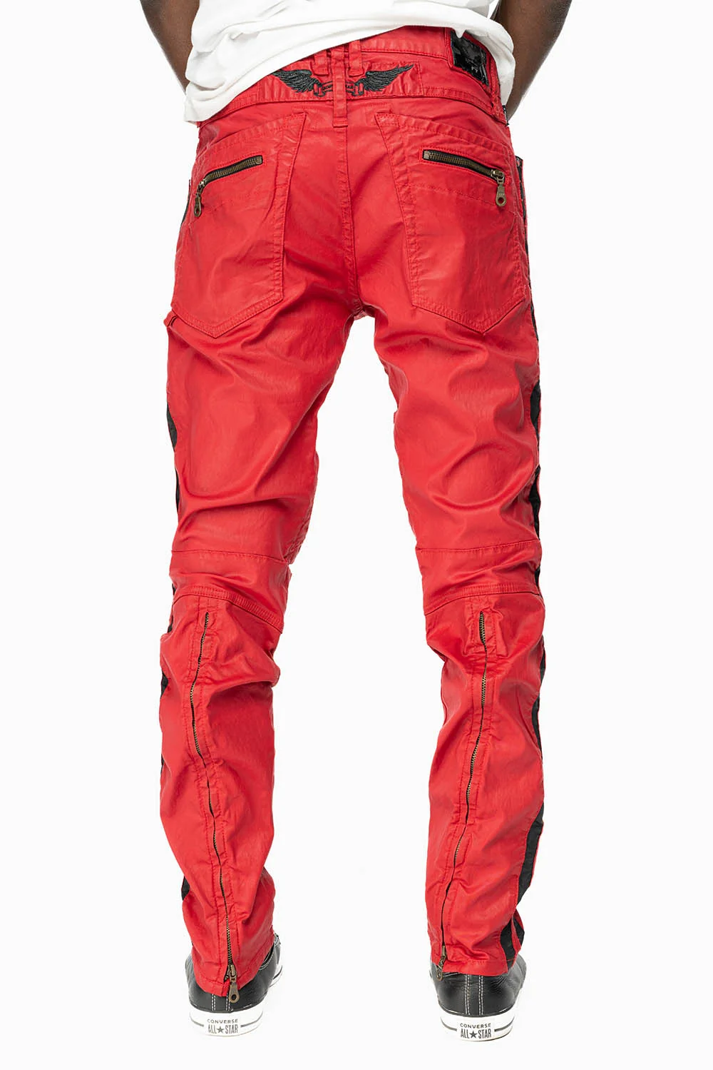 MENS BIKER JEANS IN RED DY FABRIC WITH BLK STRIPES - Image 2