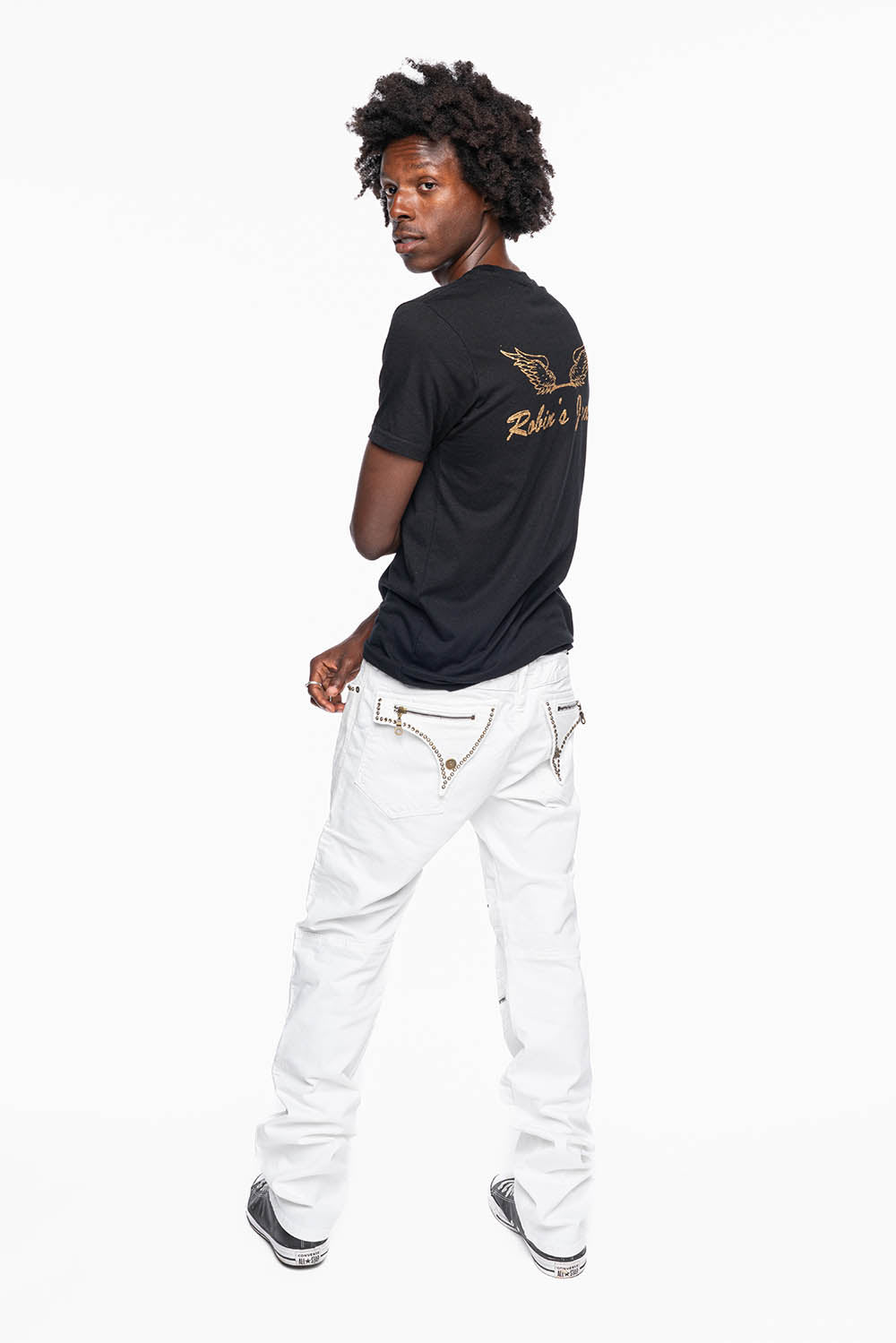 MENS BIKER JEANS WITH FLAP IN PURE WHITE EMBELLISHED WITH CRYSTALS - Image 6