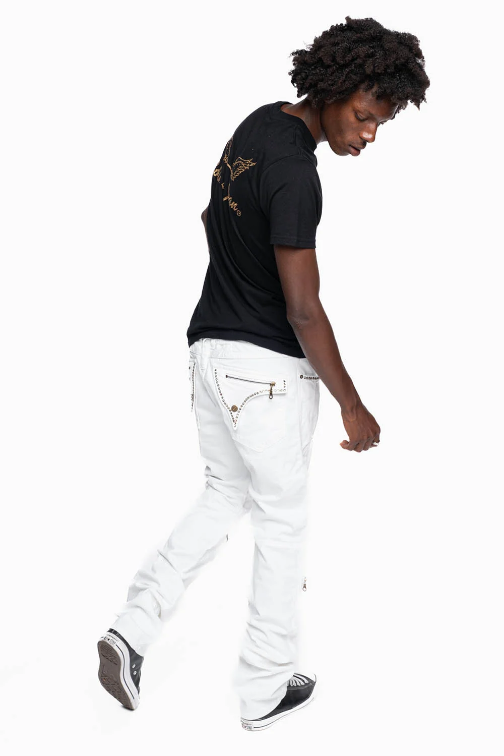 MENS BIKER JEANS WITH FLAP IN PURE WHITE EMBELLISHED WITH CRYSTALS - Image 7