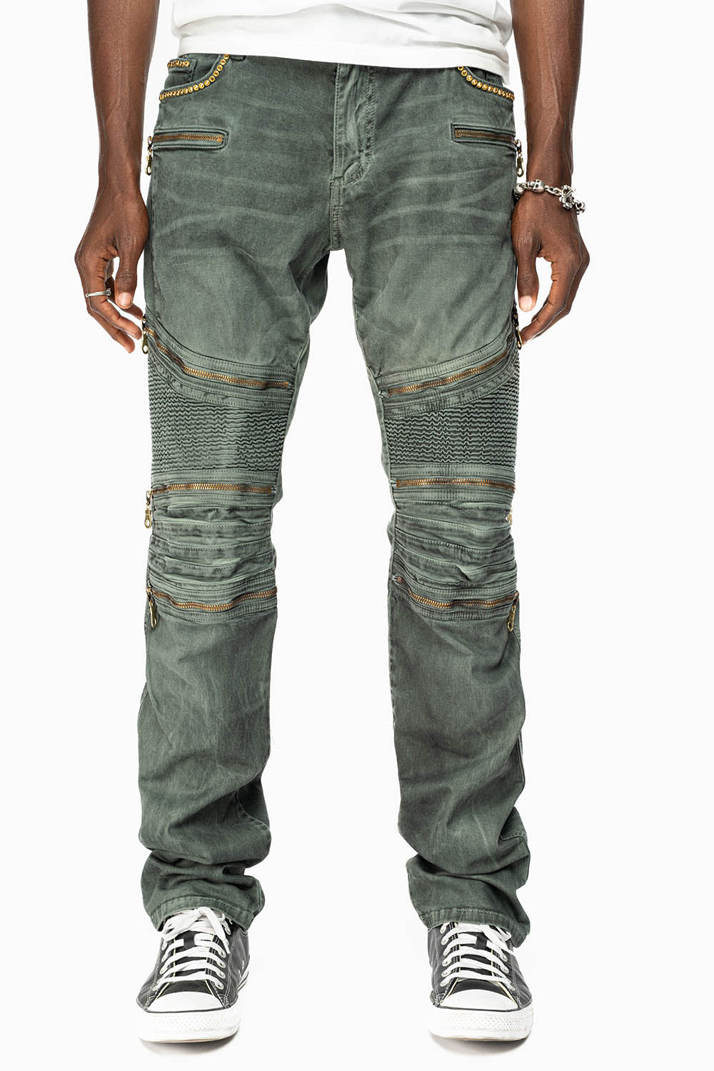 MEN'S BIKER SLIM JEANS IN DUSTY GREEN WASH WITH EMBELISHMENT - Image 6