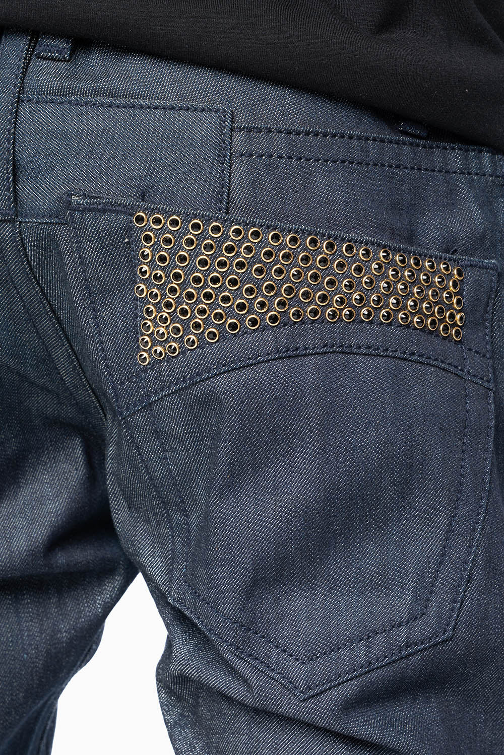 MENS CLASSIC 5 POCKET SLIM LEG JEANS IN RAW DENIM EMBELLISHED WITH JET BLK CRYSTALS - Image 4