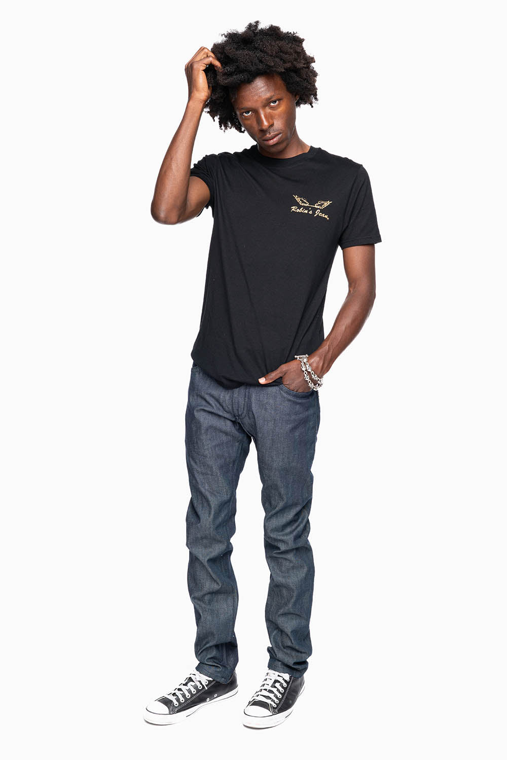 MENS CLASSIC 5 POCKET SLIM LEG JEANS IN RAW DENIM EMBELLISHED WITH JET BLK CRYSTALS - Image 7