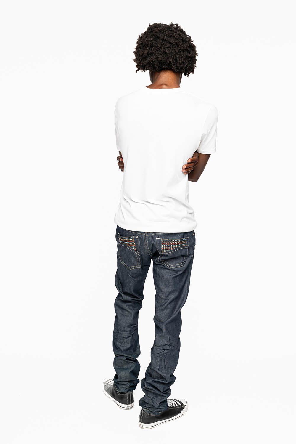 MENS CLASSIC 5 POCKET SLIM LEG JEANS IN RAW DENIM EMBELLISHED WITH MULTI COLOR  CRYSTALS - Image 10