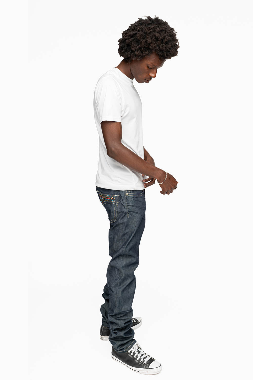 MENS CLASSIC 5 POCKET SLIM LEG JEANS IN RAW DENIM EMBELLISHED WITH MULTI COLOR  CRYSTALS - Image 9