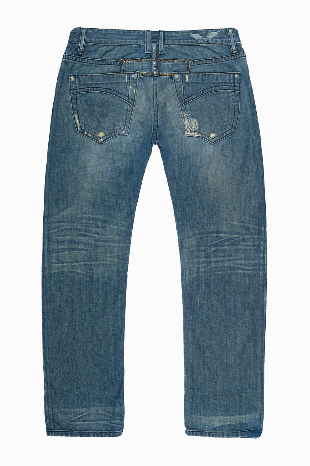 MENS CLASSIC 5 POCKET SLIM LEG JEANS IN REPAIRED MEDIUM WASH EMBELLISHED WITH CRYSTALS & STUDS