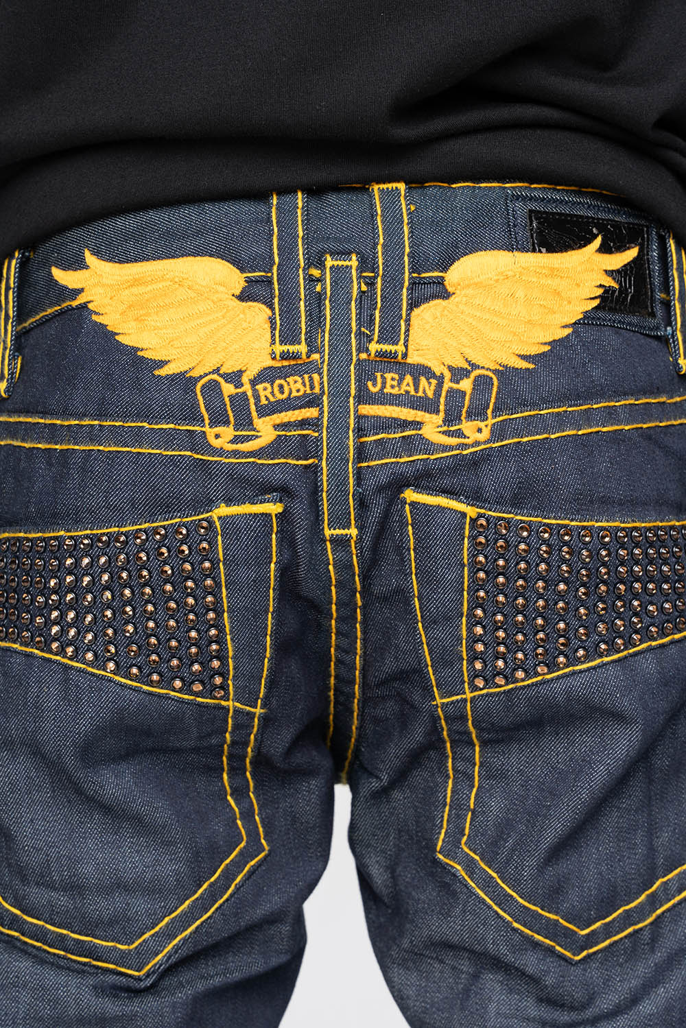 MENS CLASSIC 5 POCKET STRAIGHT LEG JEANS IN RAW DENIM HEAVY ORANGE STITCHING WITH CRYSTALS - Image 2