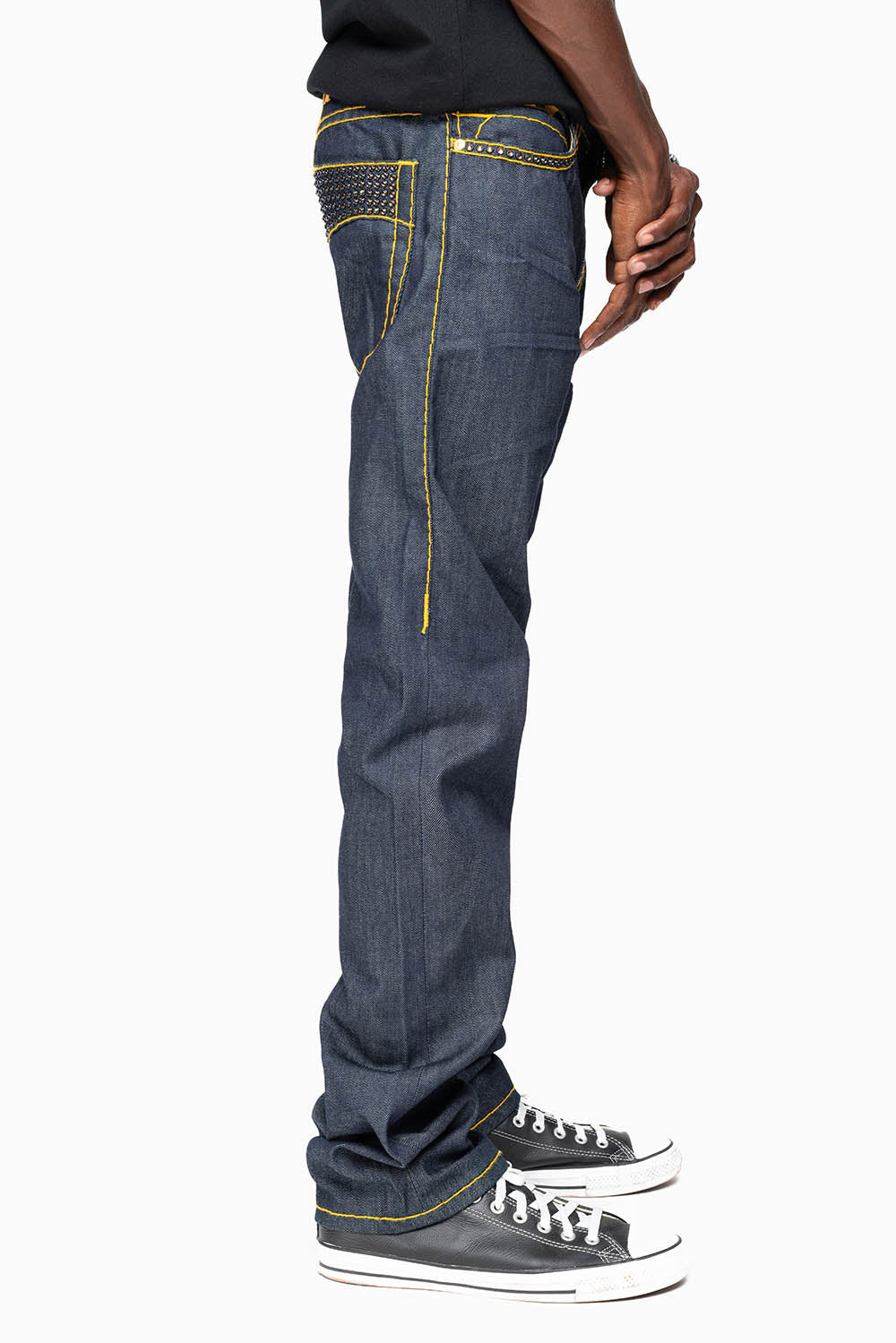 MENS CLASSIC 5 POCKET STRAIGHT LEG JEANS IN RAW DENIM HEAVY ORANGE STITCHING WITH CRYSTALS - Image 5