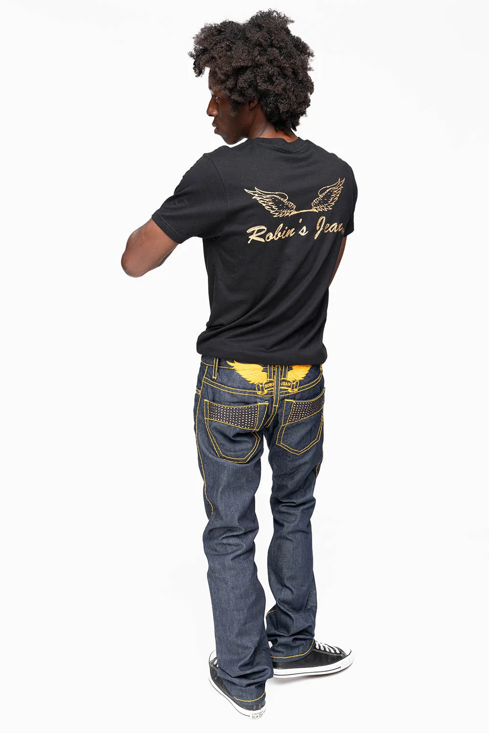 MENS CLASSIC 5 POCKET STRAIGHT LEG JEANS IN RAW DENIM HEAVY ORANGE STITCHING WITH CRYSTALS - Image 9
