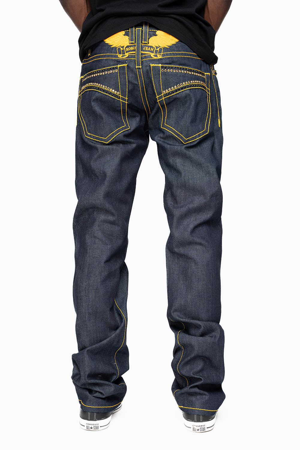 MENS CLASSIC 5 POCKET STRAIGHT LEG JEANS IN RAW DENIM  ORANGE  STICH WITH CRYSTALS - Image 2