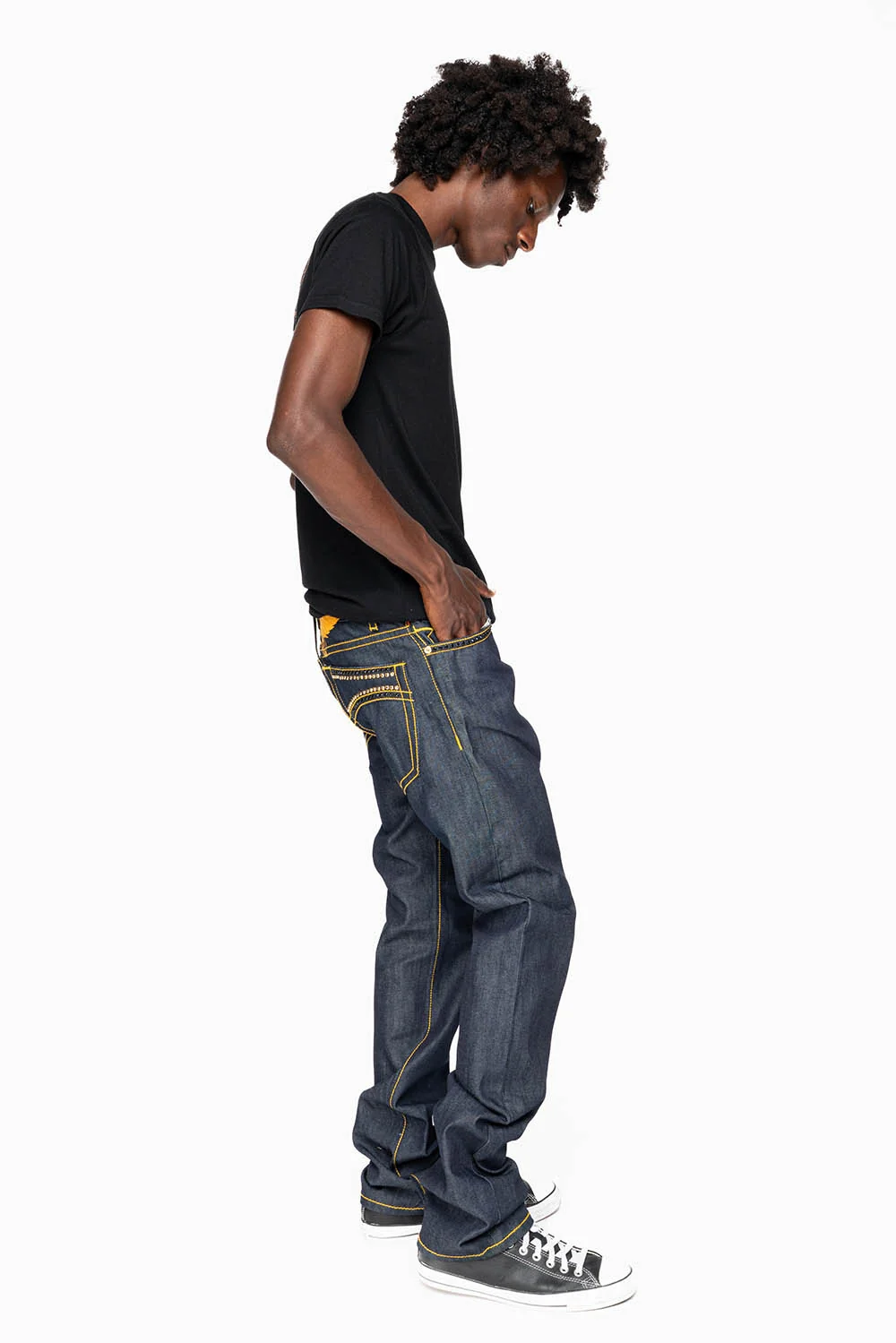 MENS CLASSIC 5 POCKET STRAIGHT LEG JEANS IN RAW DENIM  ORANGE  STICH WITH CRYSTALS - Image 9