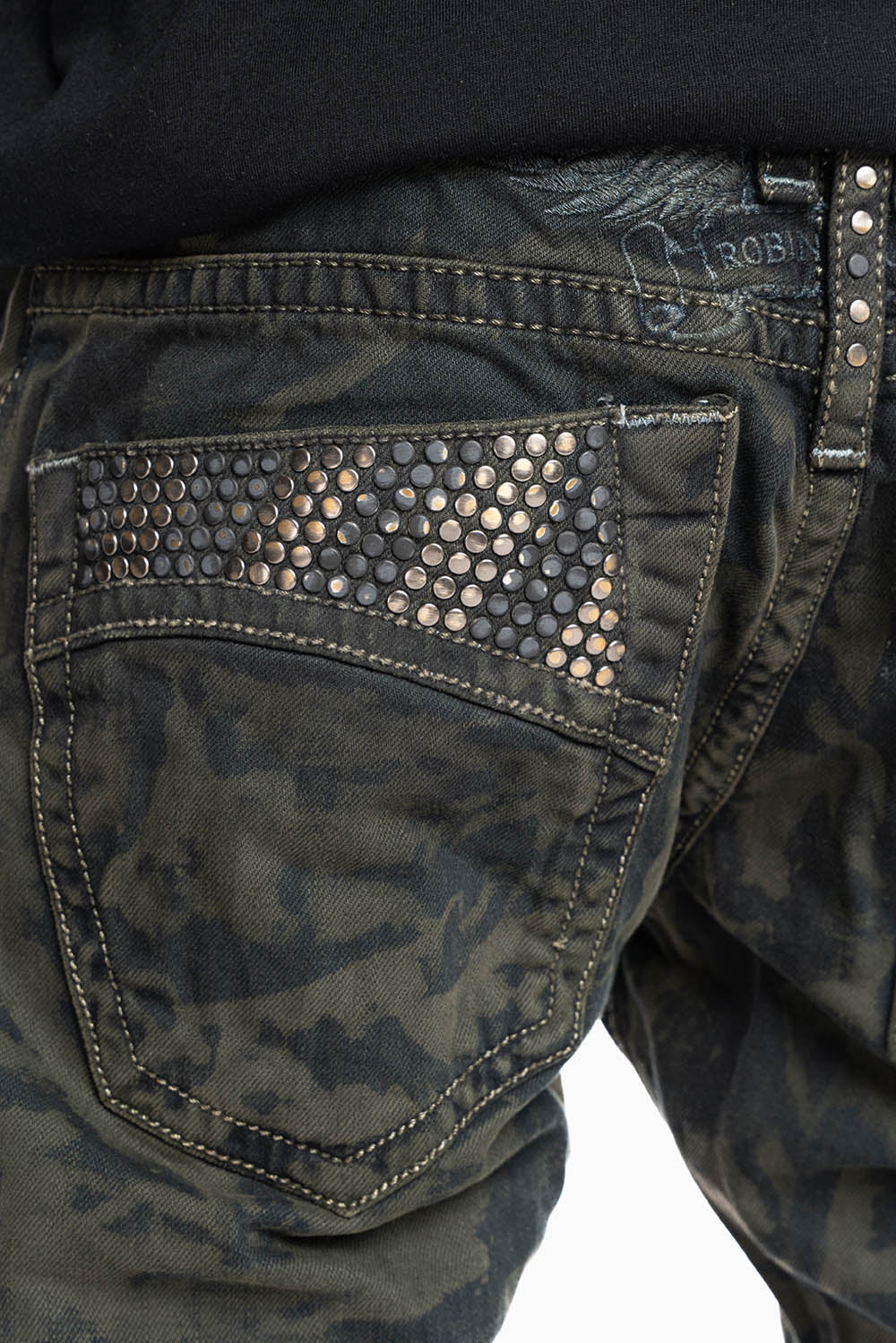 MENS CLASSIC 5 POCKET STRAIGHT LEG JEANS IN SALT DARK GREEN WASH EMBELLISHED WITH STUDS - Image 3