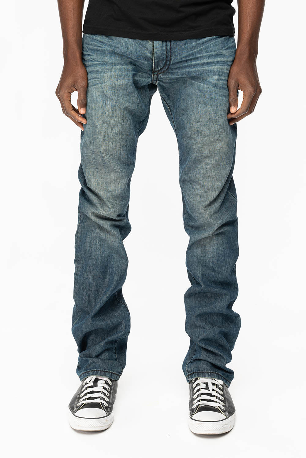 MENS CLASSIC 5 POCKET STRAIGHT LEG JEANS IN SMOKEY MEDIUM WASH WITH STUDS AND CRYSTALS - Image 2
