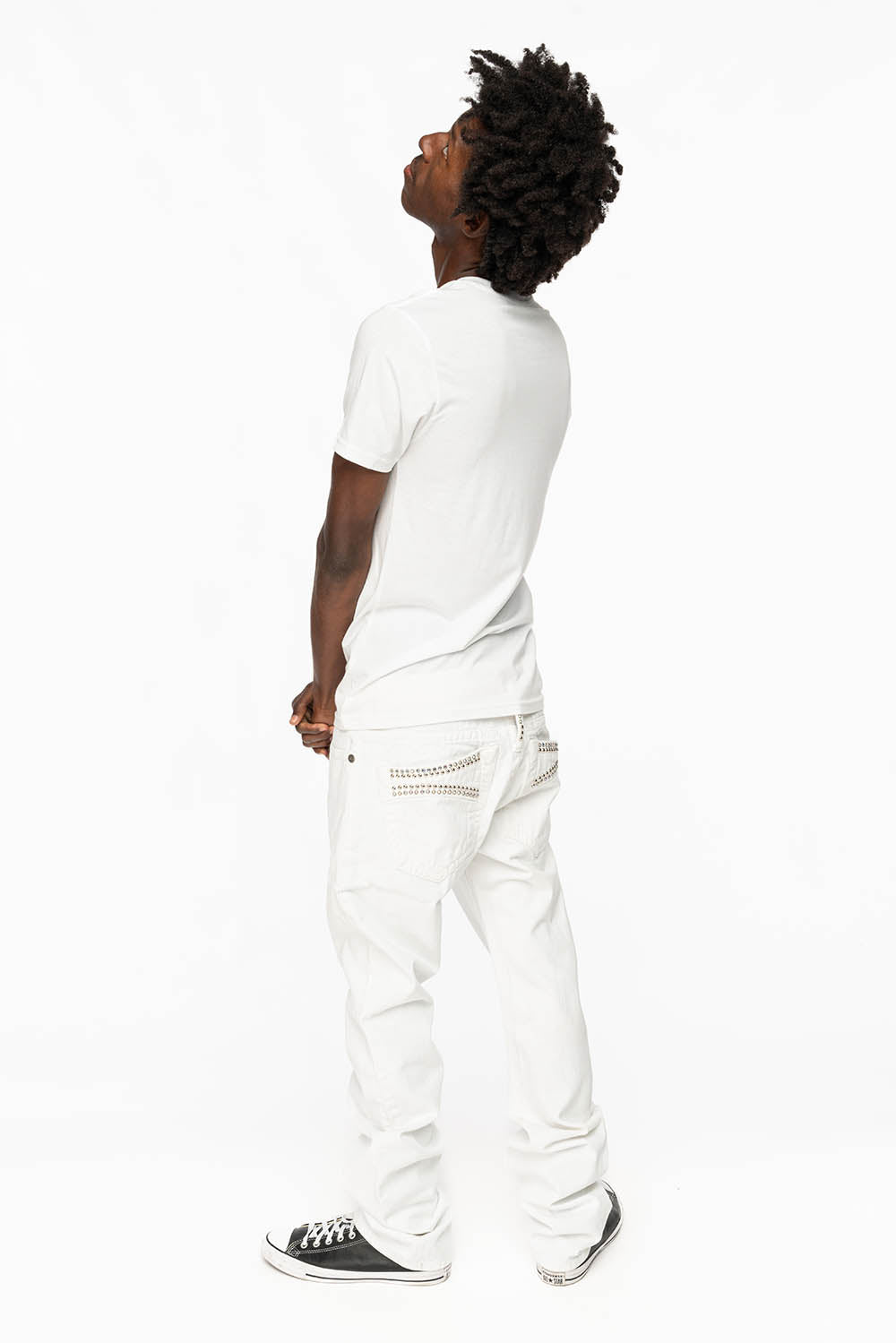 MENS CLASSIC 5 POCKET STRAIGHT LEG JEANS IN WHITE WITH STUDS AND CRYSTALS - Image 7
