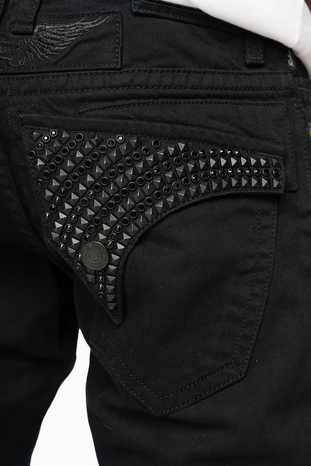 MENS CLASSIC STRAIGHT LEG LONG FLAP JEANS WITH JET BLK CRYSTALS AND BLK STUDS IN PURE BLK - Image 2