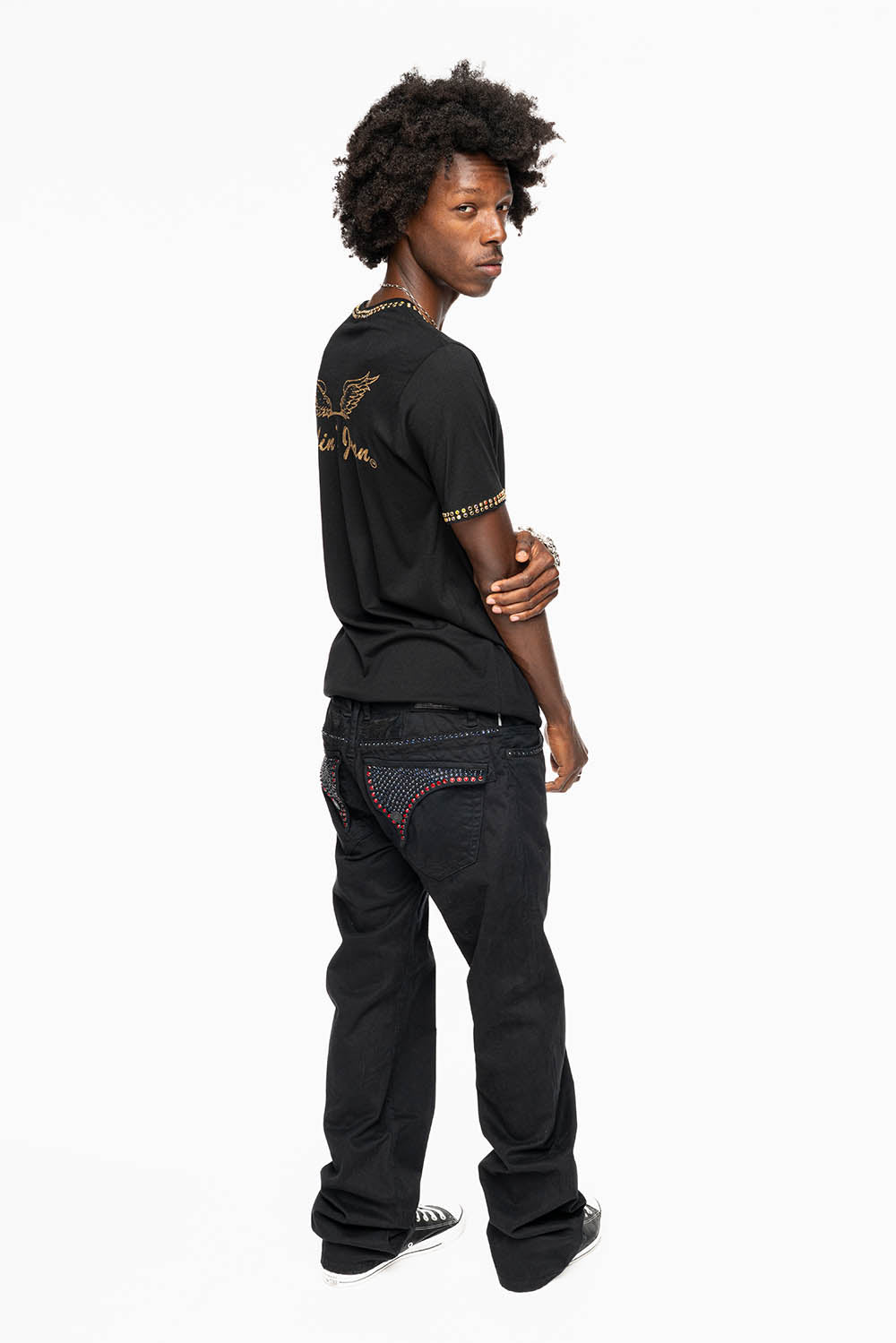MENS CLASSIC STRAIGHT LEG LONG FLAP JEANS WITH MONTANA BLUE AND RED CRYSTALS IN PURE BLK - Image 10