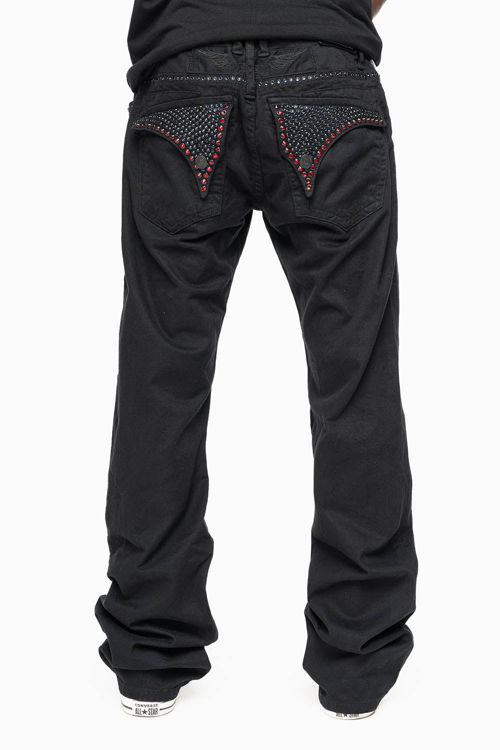 MENS CLASSIC STRAIGHT LEG LONG FLAP JEANS WITH MONTANA BLUE AND RED CRYSTALS IN PURE BLK - Image 2