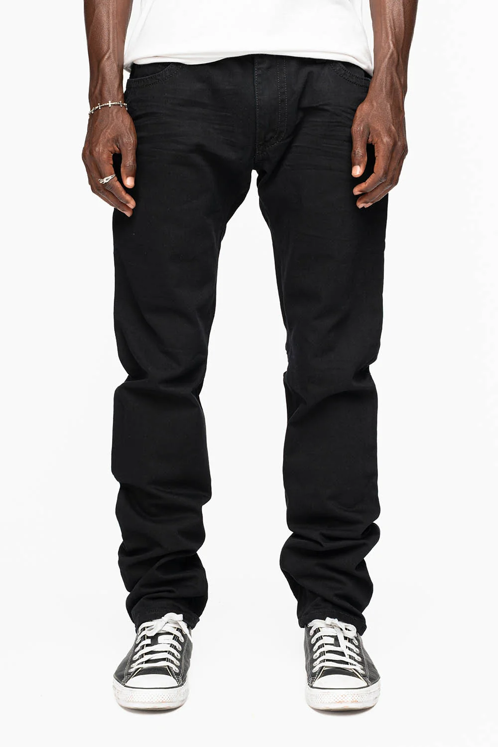 MENS CLASSIC STRAIGHT LEG LONG FLAP JEANS WITH RED & AURUM CRYSTALS IN PURE BLK - Image 3