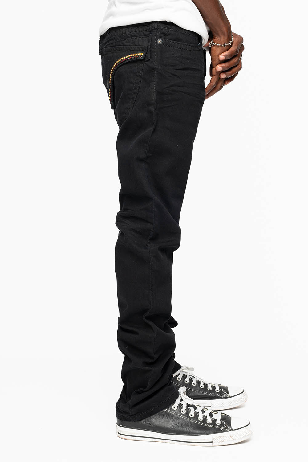 MENS CLASSIC STRAIGHT LEG LONG FLAP JEANS WITH RED & AURUM CRYSTALS IN PURE BLK - Image 4