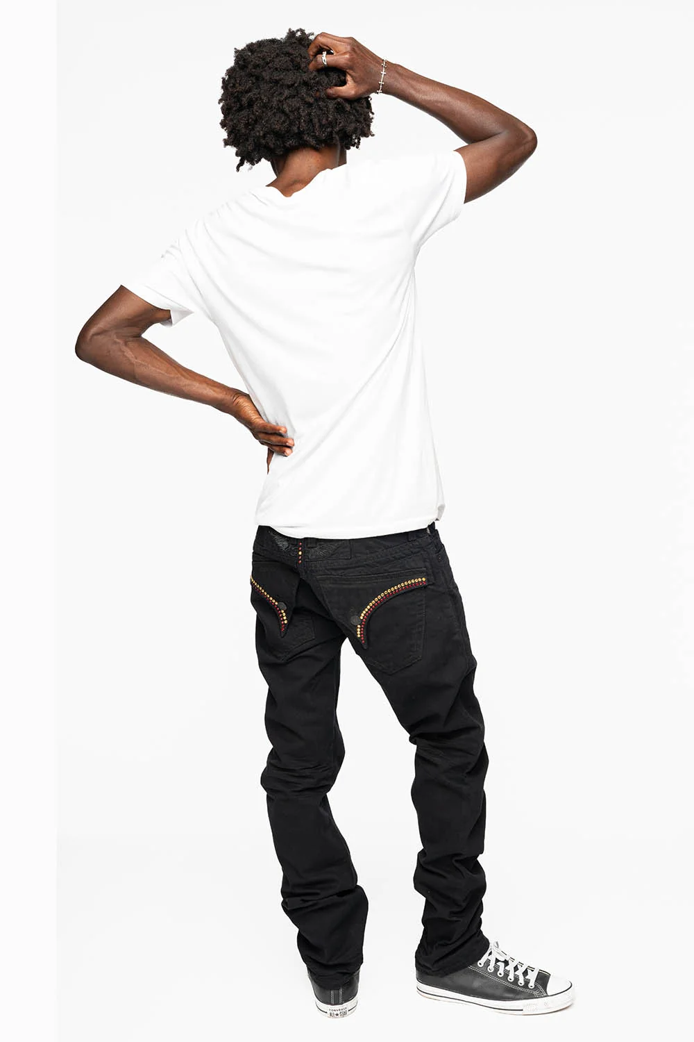 MENS CLASSIC STRAIGHT LEG LONG FLAP JEANS WITH RED & AURUM CRYSTALS IN PURE BLK - Image 5