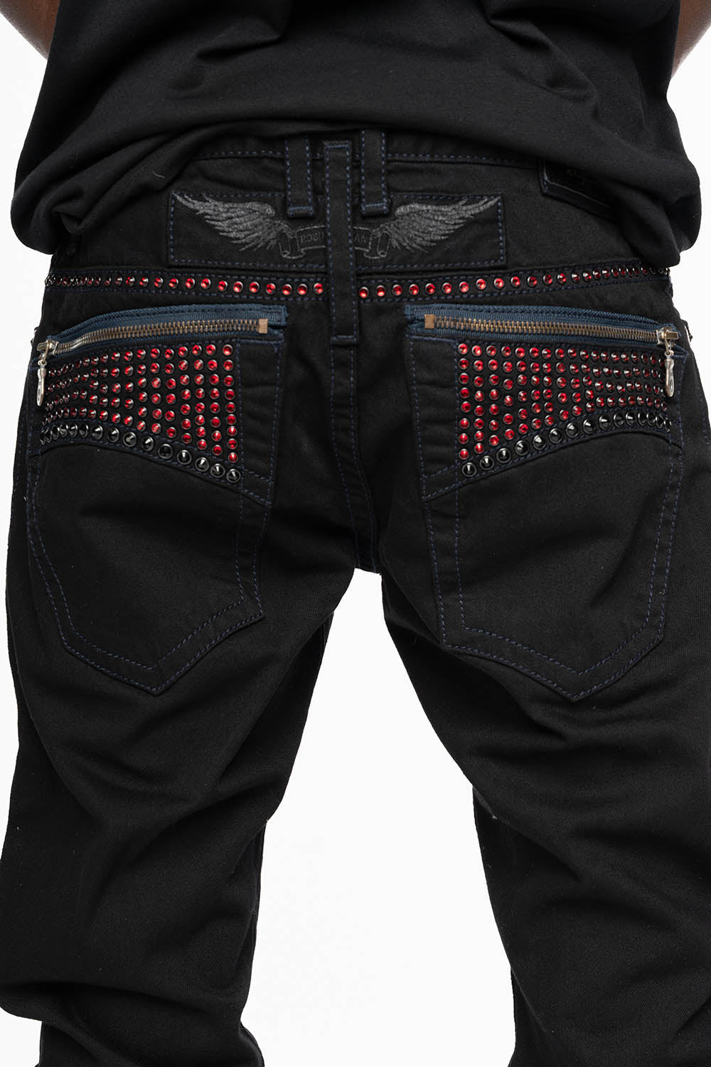 MENS CLASSIC STRAIGHT LEG ZIPPER JEAN IN PURE BLK WASH WITH RED AND LARGE JET BLK CRYSTALS - Image 2