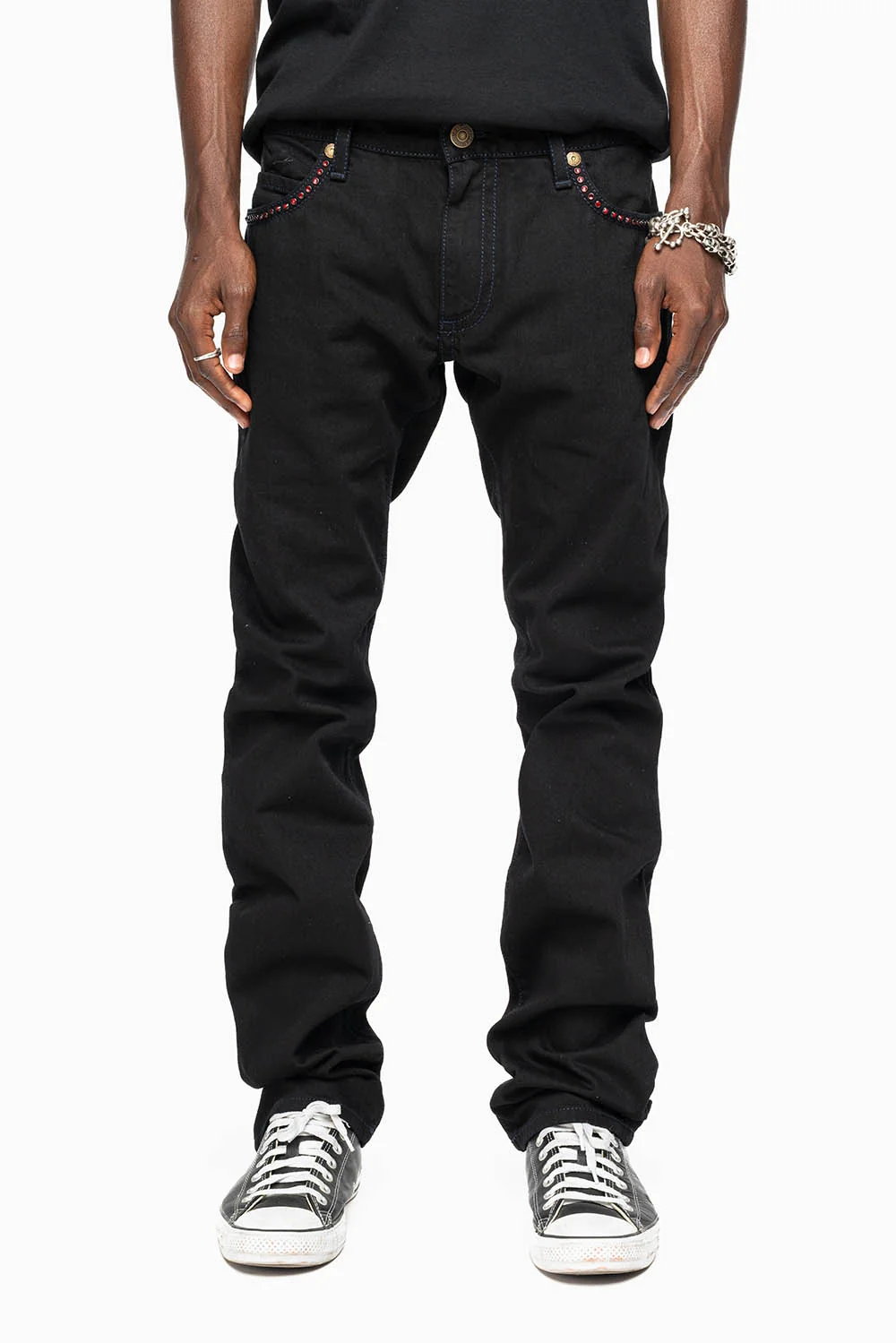 MENS CLASSIC STRAIGHT LEG ZIPPER JEAN IN PURE BLK WASH WITH RED AND LARGE JET BLK CRYSTALS - Image 5