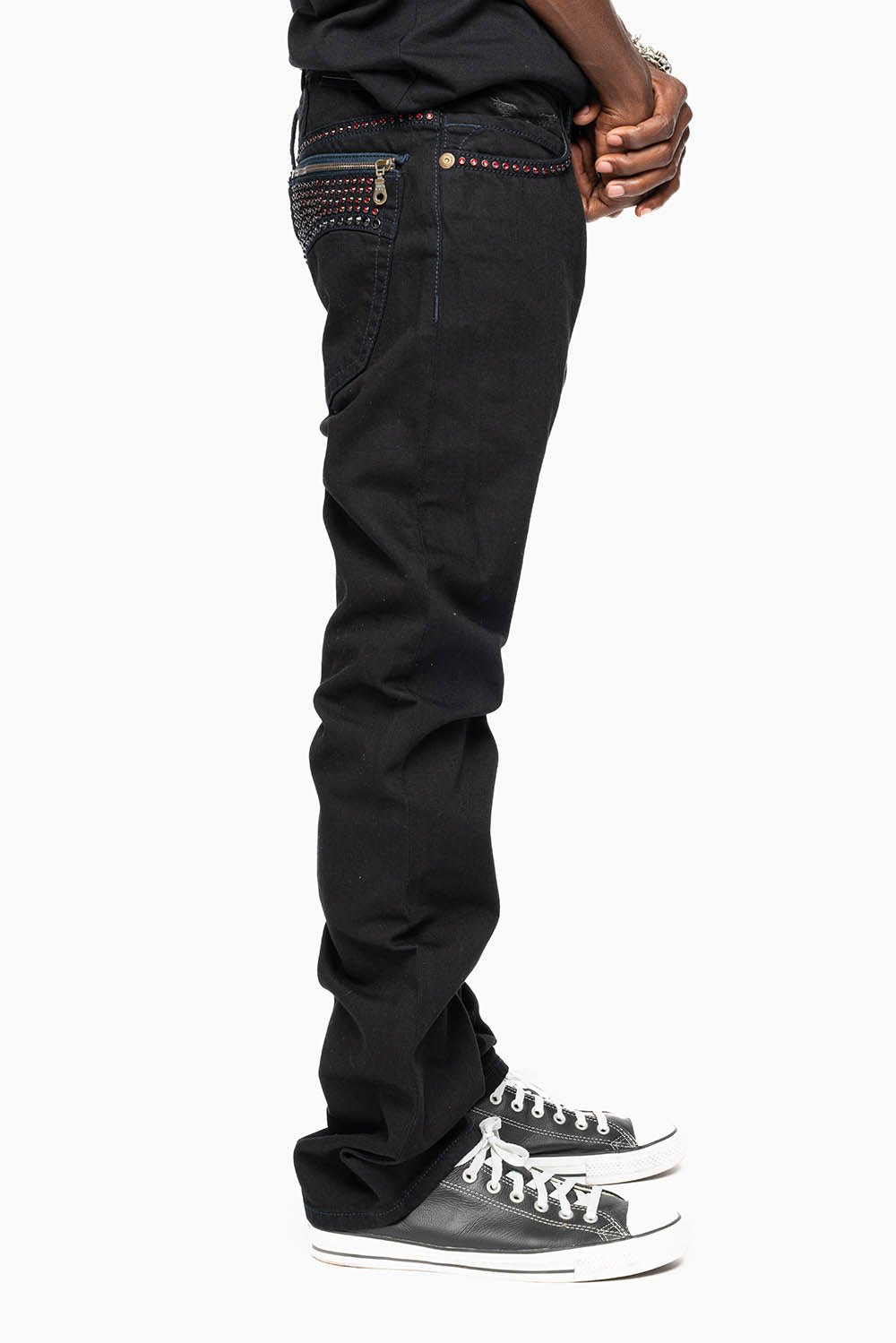 MENS CLASSIC STRAIGHT LEG ZIPPER JEAN IN PURE BLK WASH WITH RED AND LARGE JET BLK CRYSTALS - Image 6