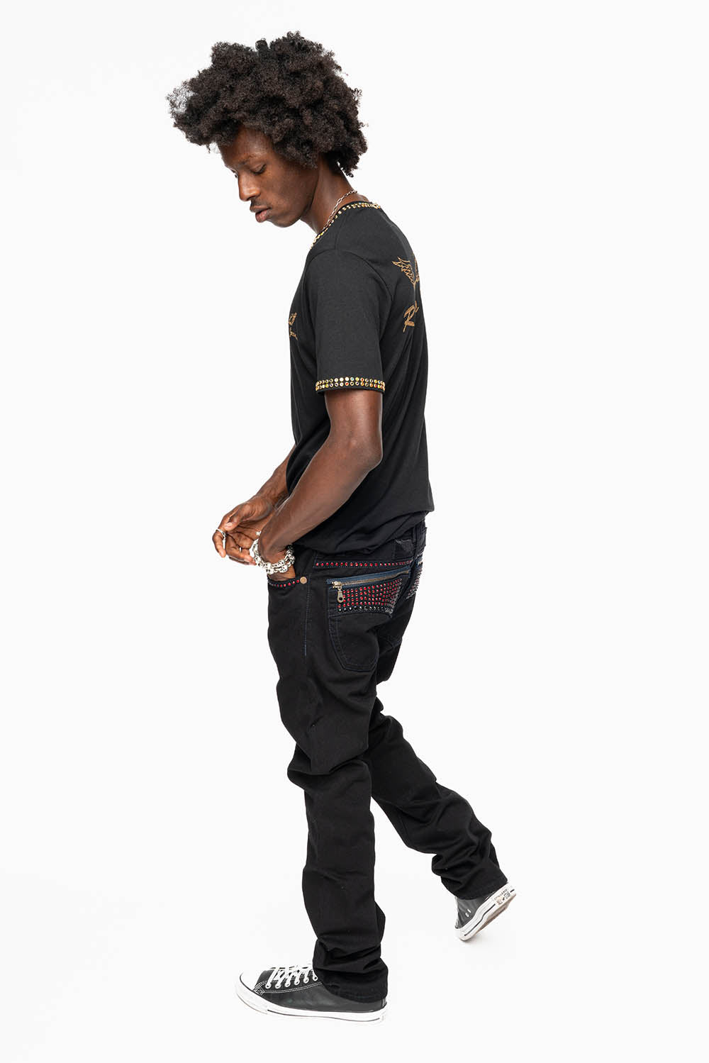 MENS CLASSIC STRAIGHT LEG ZIPPER JEAN IN PURE BLK WASH WITH RED AND LARGE JET BLK CRYSTALS - Image 7