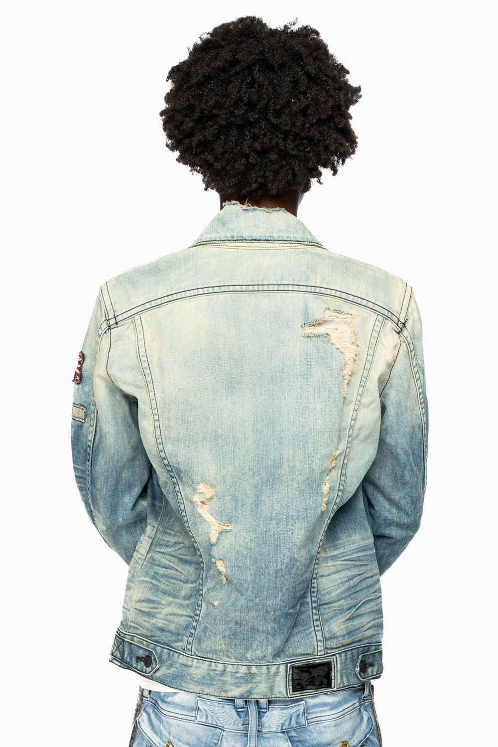MENS DENIM JACKET IN ALLOY MEDIUM BROKEN WASH WITH PATCHES - Image 3