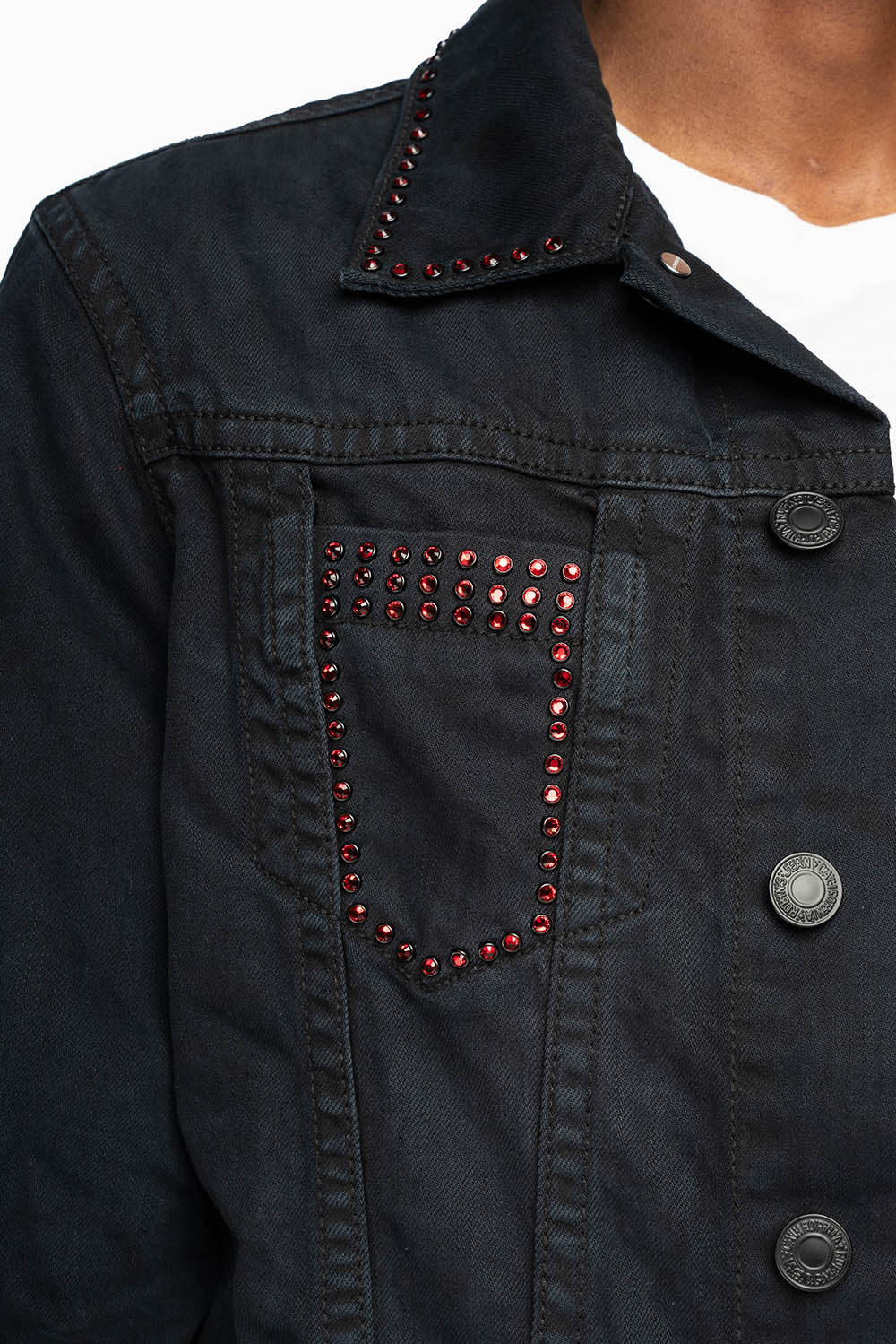 MENS DENIM JACKET IN PURE BLACK EMBELLISHED WITH RED CRYSTALS - Image 2