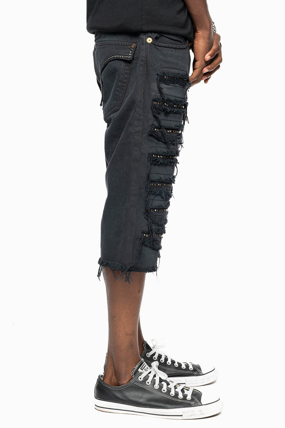 MENS DESTROYED SHORTS WITH KILLER FLAP POCKET IN BLACK EMBELLISHED WITH CRYSTALS AND STUDS - Image 7