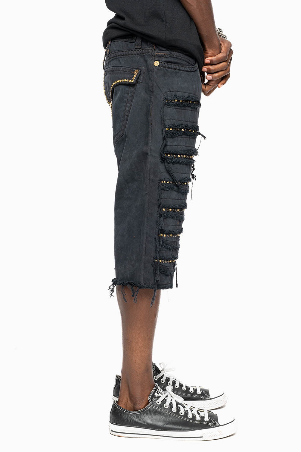 MENS DESTROYED SHORTS WITH KILLER FLAP POCKET IN BLACK EMBELLISHED WITH GOLD CRYSTALS AND GUNMETAL STUDS - Image 6