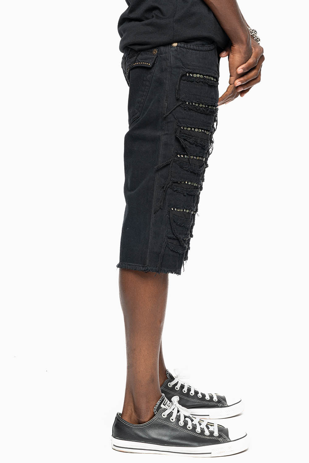 MENS DESTROYED SHORTS WITH KILLER FLAP POCKET IN BLACK WITH BRASS STUDS AND CRYSTALS - Image 6