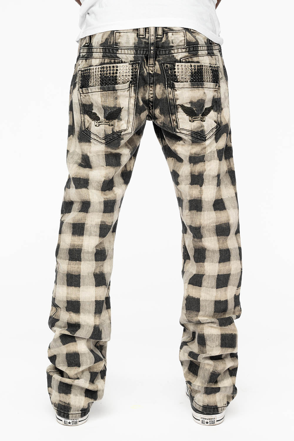 MENS DOUBLE BACK POCKET JEANS WITH CRYSTALS IN CHESS PATTERN CHARLOT WASH - Image 4