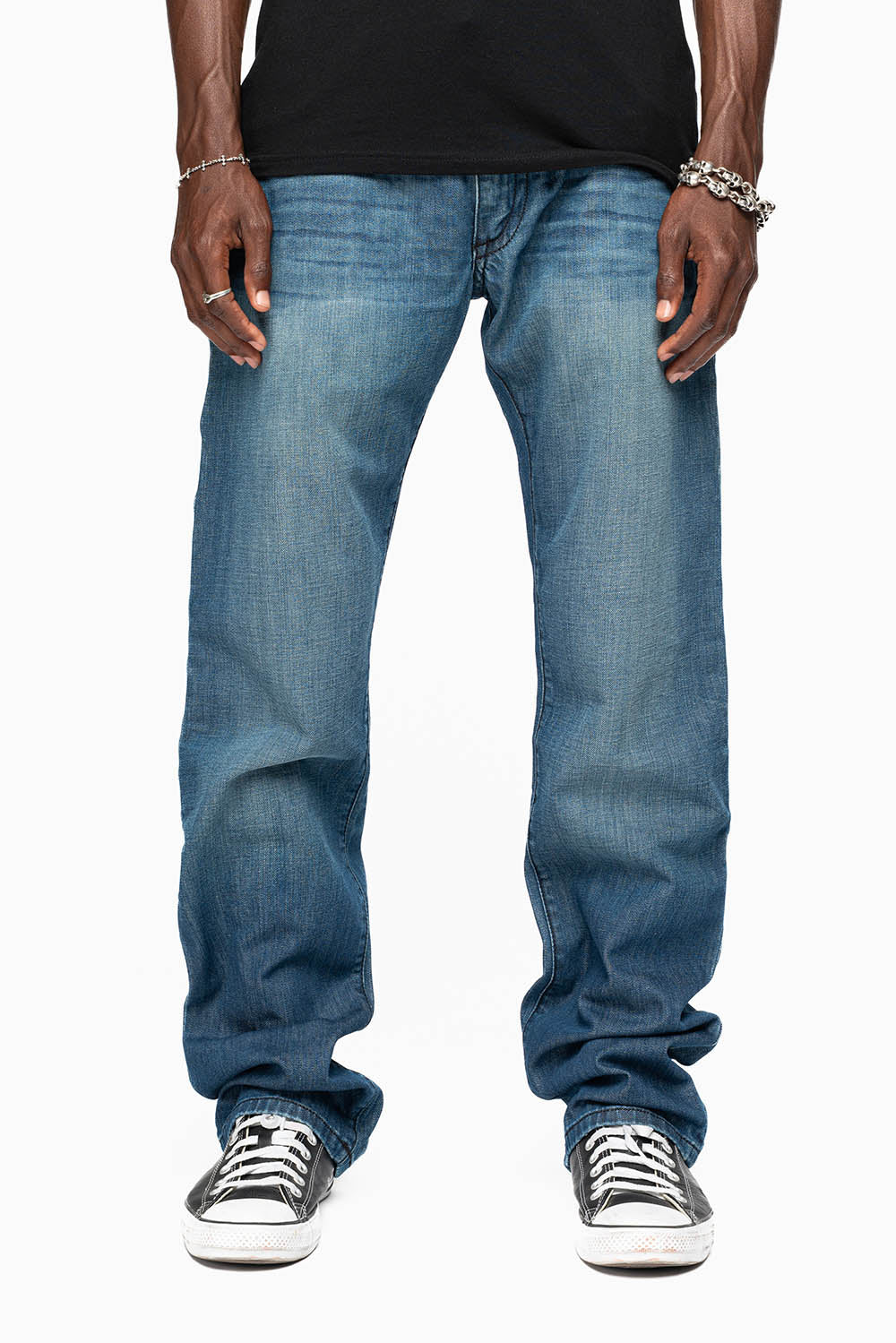 MENS DOUBLE BACK POCKET SMOKEY DARK WASH JEANS EMBELLISHED WITH GOLD CRYSTALS AND STUDS - Image 4