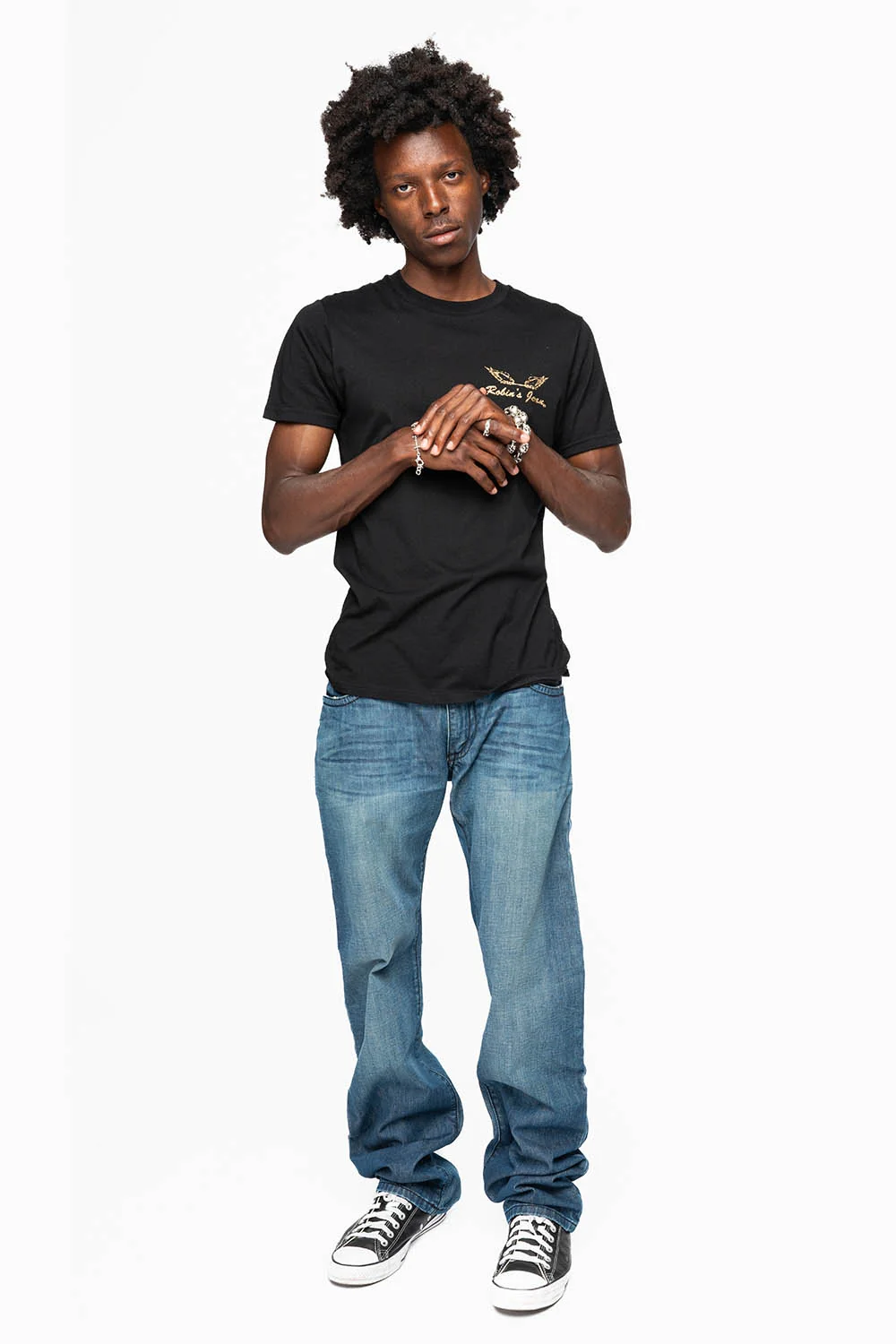 MENS DOUBLE BACK POCKET SMOKEY DARK WASH JEANS EMBELLISHED WITH GOLD CRYSTALS AND STUDS - Image 6