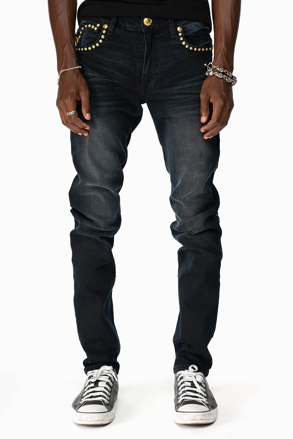 MENS F-UP BLACK SLIM FIT KILLER FLAP JEANS WITH O.E. SCRIPT EMBELLISHED WITH GOLD NAILHEADS - Image 5