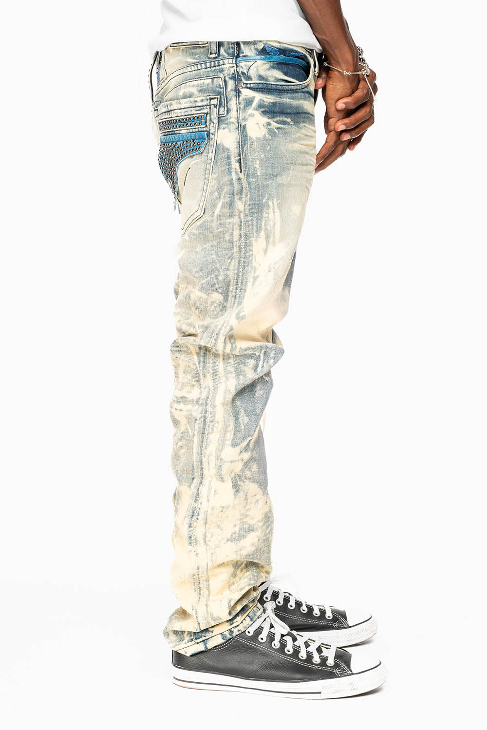 MENS FLAP POCKET SLIM JEANS IN NEW JAPAN LIGHT WASH WITH CRYSTALS - Image 4