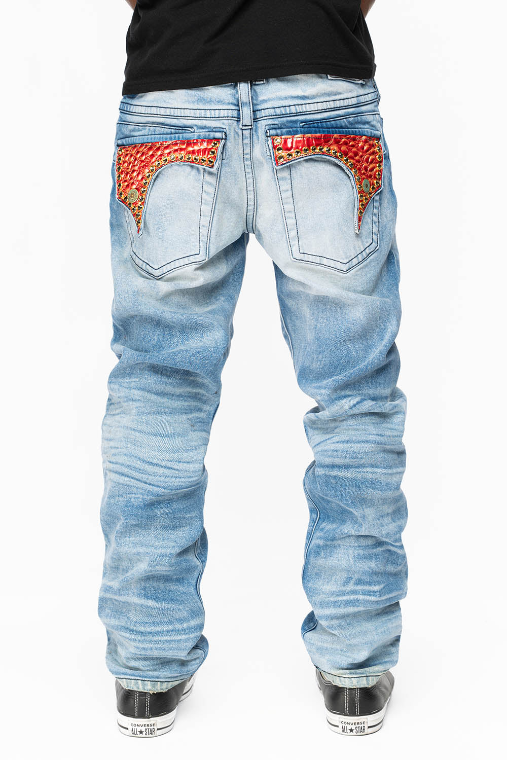 KILLER FLAP STRAIGHT LEG JEAN WITH PATENT LEATHER POCKET AND CRYSTALS IN BLUE 5D-LIGHT WASH - Image 5