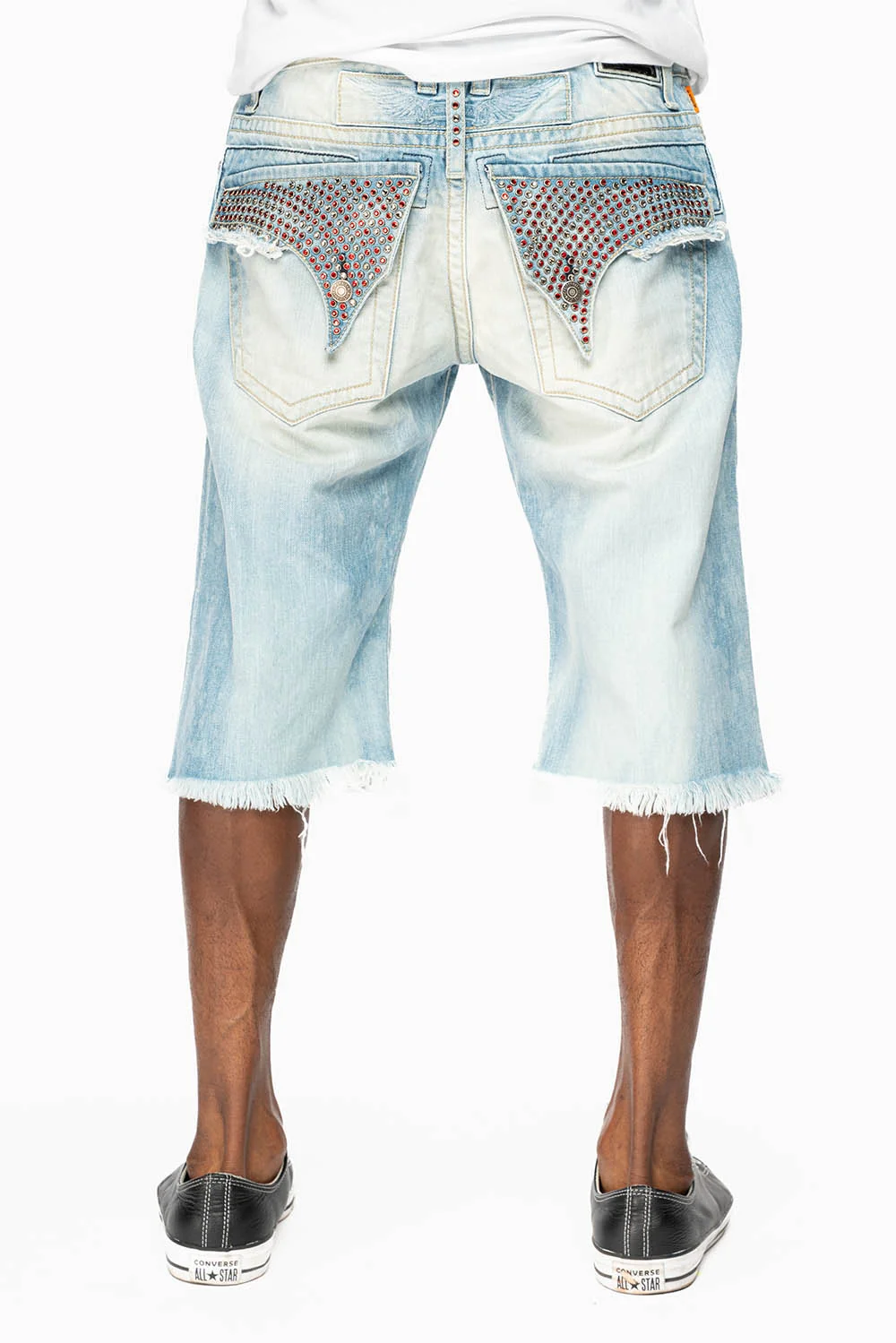 MENS DESTROYED SHORTS WITH FLAP POCKET IN 5D LIGHT WASH WITH CRYSTALS - Image 3