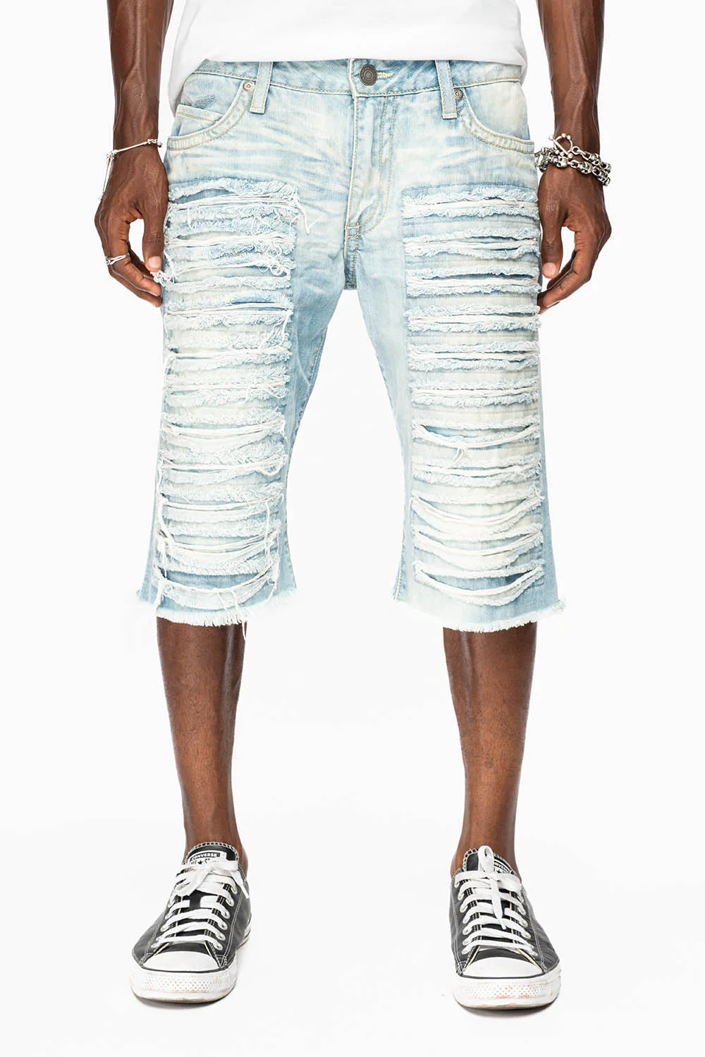 MENS DESTROYED SHORTS WITH FLAP POCKET IN 5D LIGHT WASH WITH CRYSTALS - Image 4
